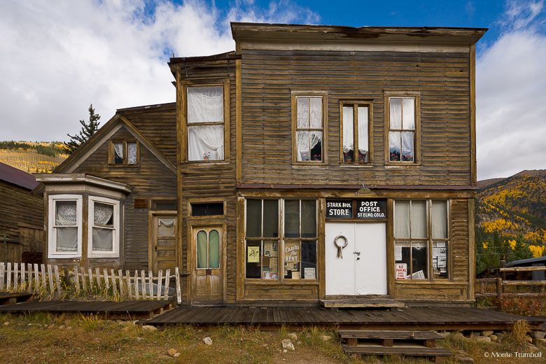 The skies begin to clear over a dampened old Stark Bros. Store in the ghost town of St. Elmo in central Colorado.