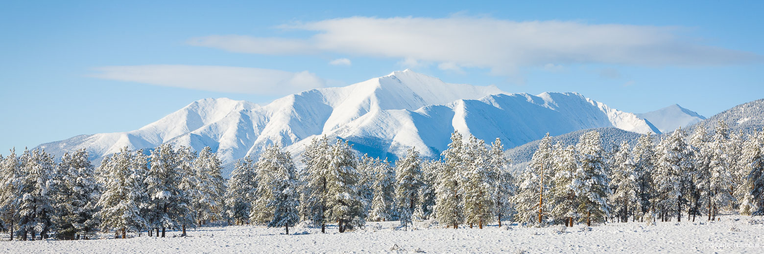 A fresh coating of spring snow blankets Mt. Princeton outside of Buena Vista, Colorado.