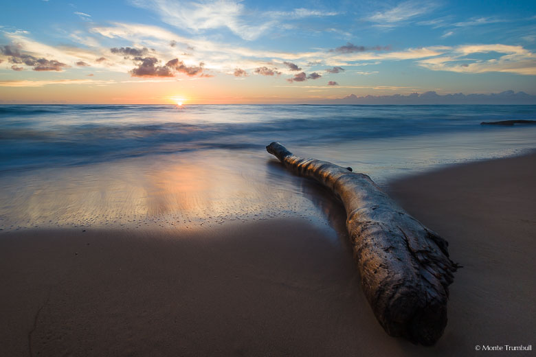 The sun peeks over the horizon shining delicate light on a weathered log resting on a beach in eastern Kauai, Hawaii.